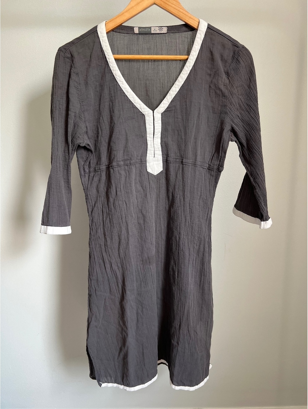 Athleta Women’s M Gray Cotton Gauze Tunic Dress White Trim 3/4 Sleeve